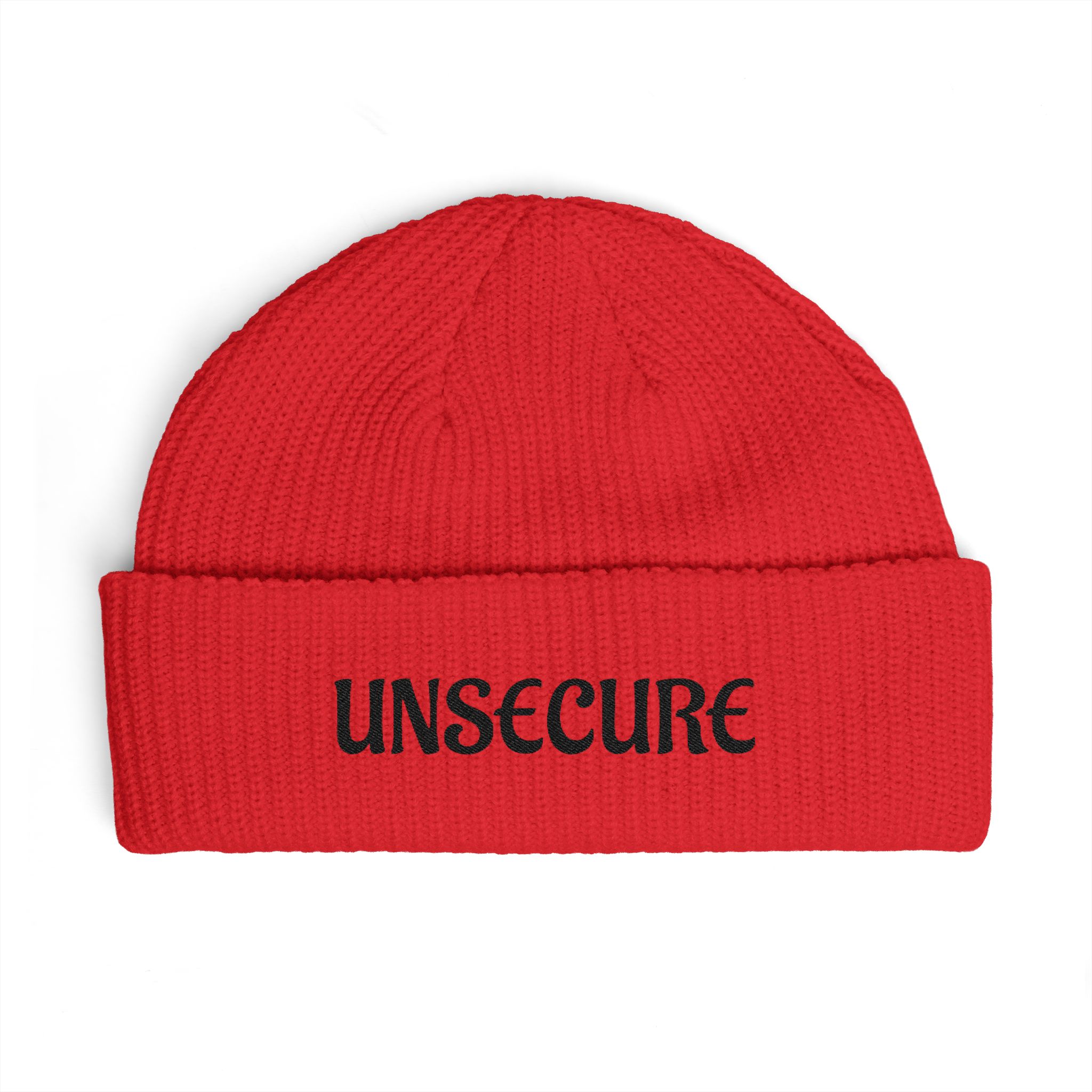 Embroidered "UNSECURE" Cuff Beanie – Knit Winter Hat for Streetwear & Edgy Gifts
